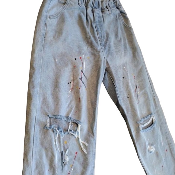 Grace Chow Jeans Size 8 WIDE LEG Distressed Painted Straight  Baggy 100% Cotton - Picture 7 of 16